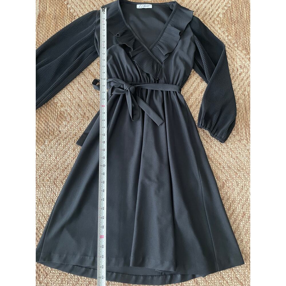 Vintage S.L. Petites Black Sheer Ruffle detailed Dress with belt retro disco - Picture 7 of 10